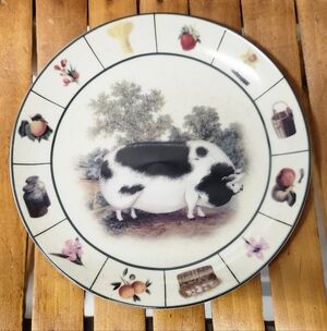 Vintage Barnyard Farmhouse Ceramic Plate with Black and White Pig Design